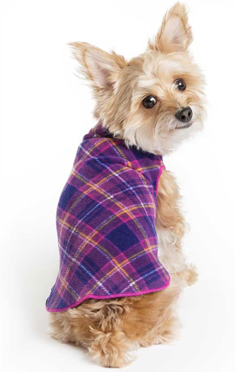Stretch Fleece Dog Coat, Stretchy Pet Sweater, Machine Washable Pullover for Winter and Fall, Mulberry Plaid, 12