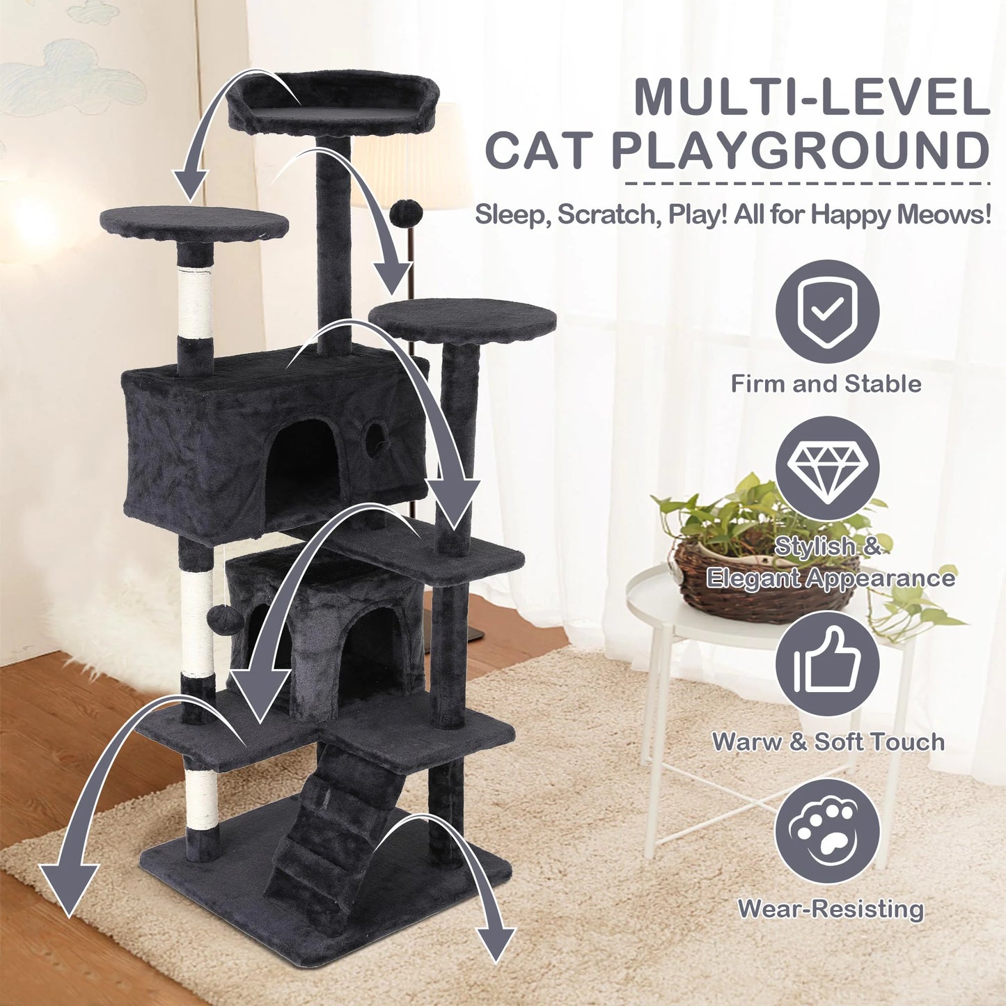 54In Tower, Multi-Level Cat Tower Furniture Activity Center with Platform Scratching Posts Stand House Condo and Toy, Cat Condos for Indoor Cats Kitten Activity Relaxing, Dark Gray
