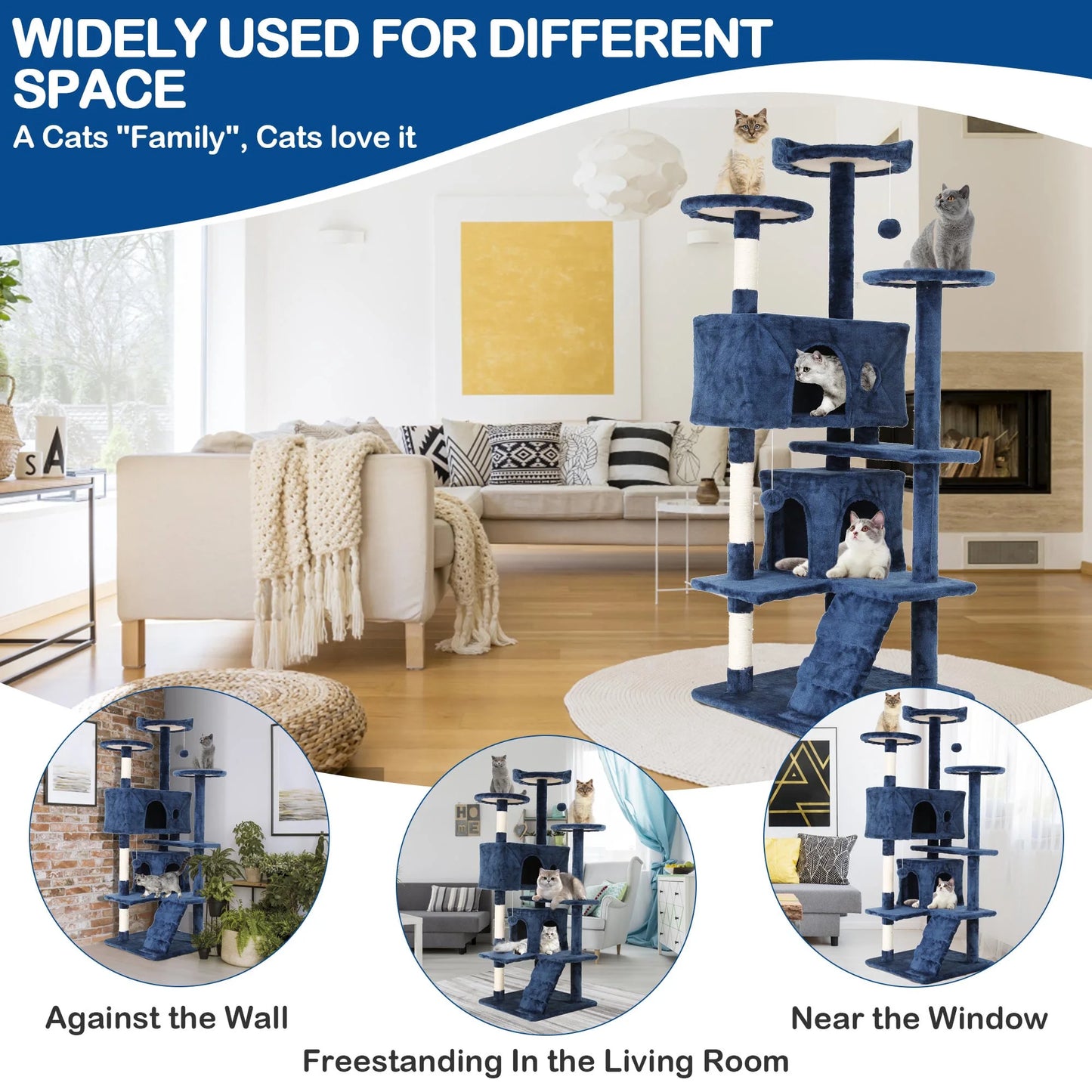 54In Tower for Large Cats, Cat Climbing Tower Cat Scratching Tree with Cat Scratching Stand, Big House Funny Toys for Kittens Pet(Navy Blue)