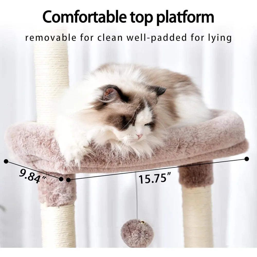 Heybly Cat Tree,Cat Tower for Indoor Cats, 65.4 Inches Cat Condo with Perches, Basket, Feeding Bowl Station, Multi-Level Plush