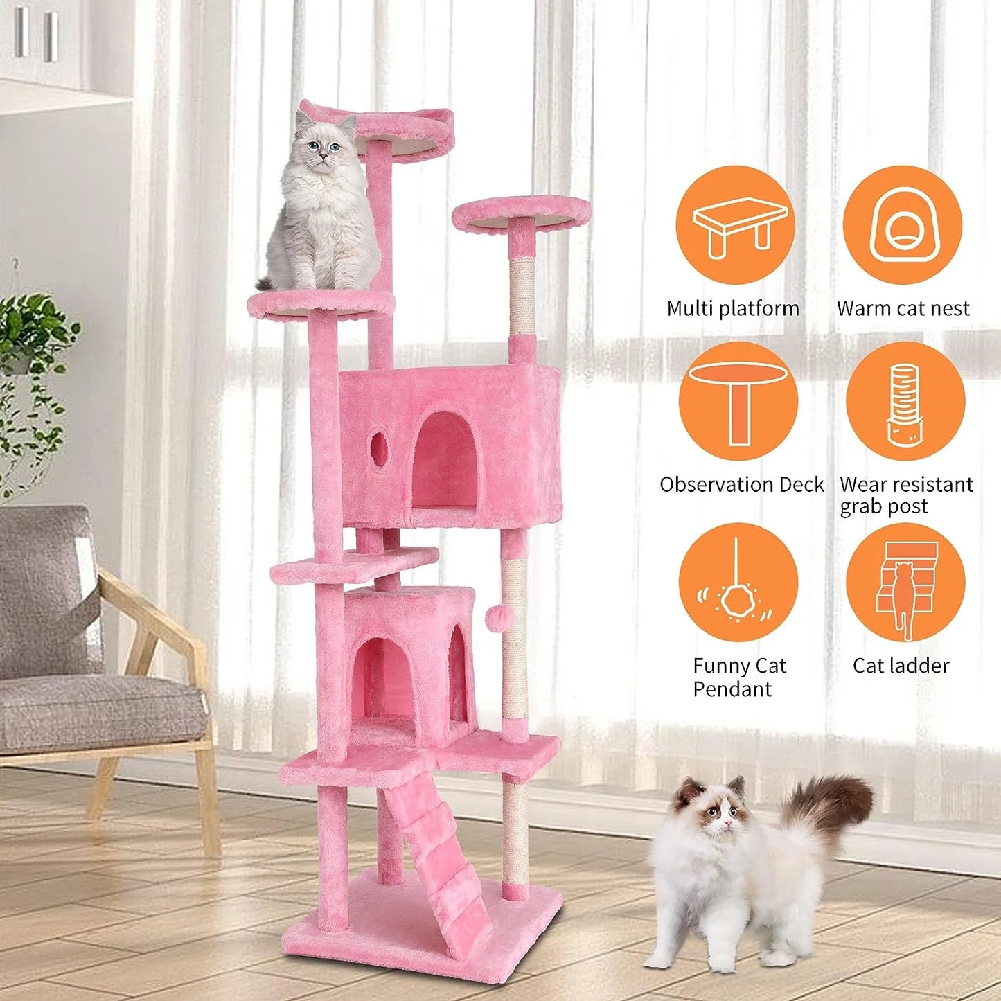 70In Kitten Activity House with Cat Scratching Posts Stand House Cat Condo with Funny Toys Pink