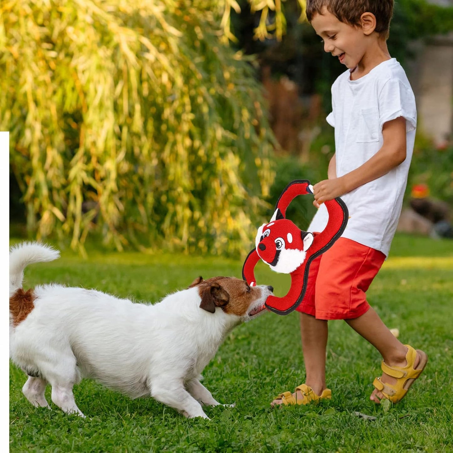 Interactive Dog Toys, Squeaky Dog Toys for Aggressive Chewers, Dog Plush Toys with Rope in Red Fox Shape, Tug of War Dog Toy for Small Dogs Medium Large Dogs