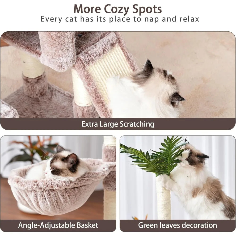 Heybly Cat Tree,Cat Tower for Indoor Cats, 65.4 Inches Cat Condo with Perches, Basket, Feeding Bowl Station, Multi-Level Plush