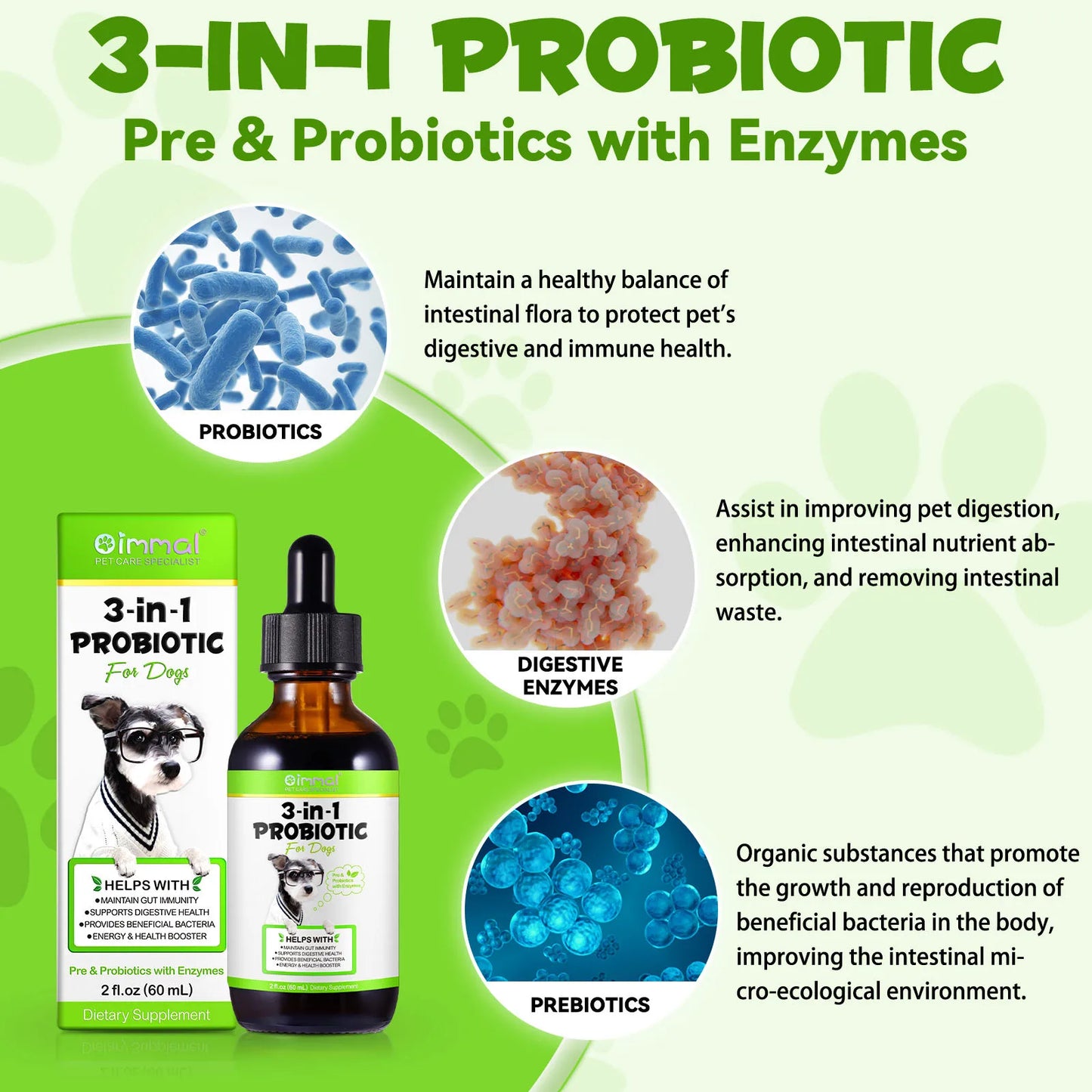 3-in-1 Probiotics Pre & Probiotics with Enzymes for All Dogs Maintain Gut Immunity Support Digestive Provide Beneficial Bacteria