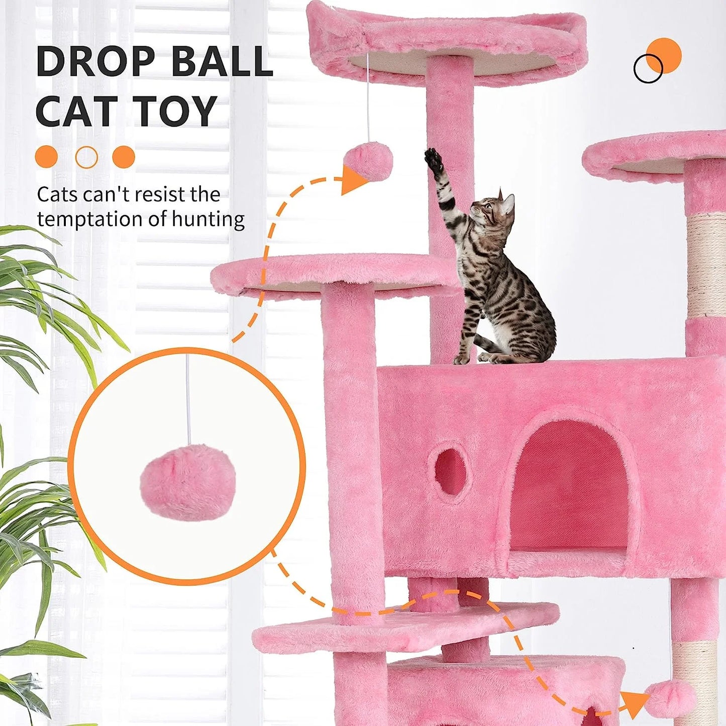 70In Kitten Activity House with Cat Scratching Posts Stand House Cat Condo with Funny Toys Pink