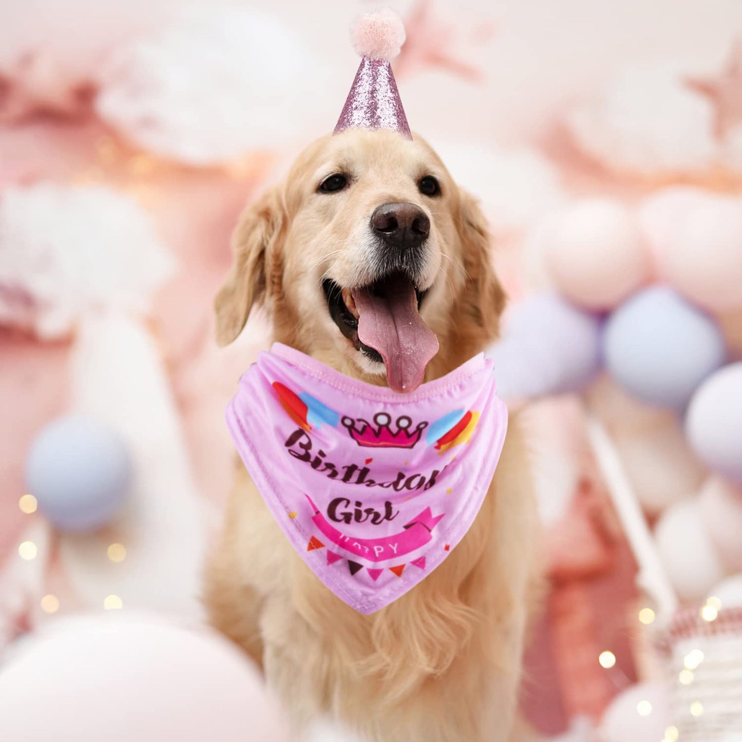 Dog Birthday Party Supplies Bandana Hat Banner Set Boy Girl Cute Bow Tie Scarf Birthday Decorations (Pink,Dog Girl)