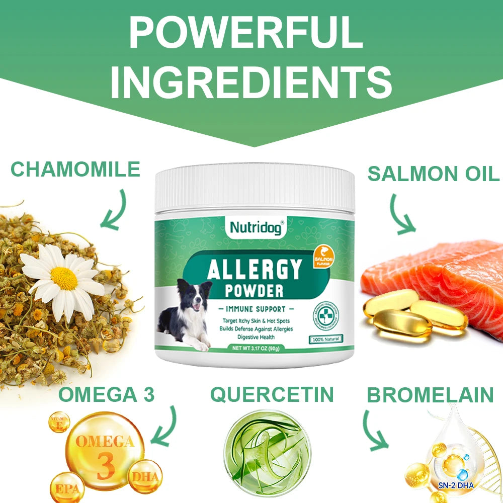 Anti-allergy & Immune Support Powder for dog with Omega-3 Fish Oil, Probiotics, Quercetin - Relieve itching, seasonal allergies