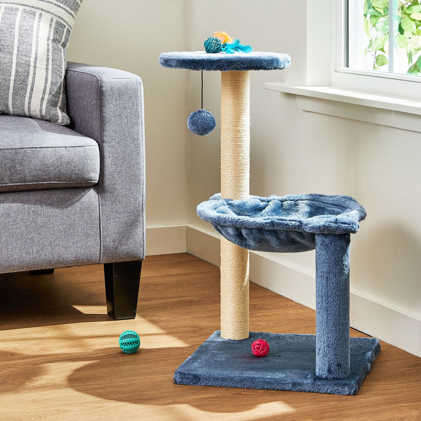 3-Level Cat Tower with Hammock and Sisal Post, 26.7 Inch, Blue