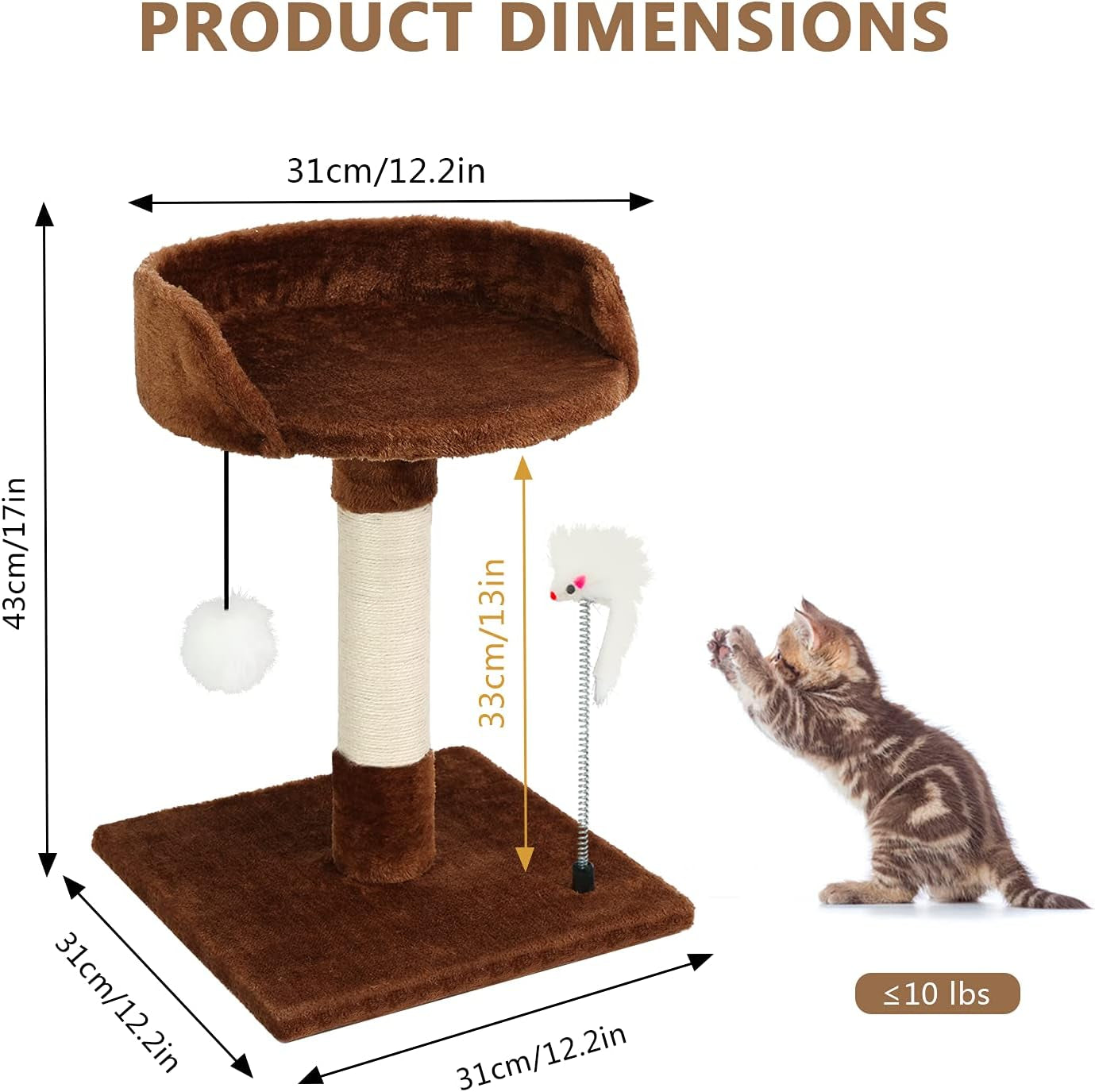 Cat Scratching Posts with Bed for Kittens, Cat Activity Tree, Cat Tower with Plush Platform Cozy Bed, Natural Sisal Scratcher Post, Hanging Balls and Spring Plush Mouse Toy (Brown)