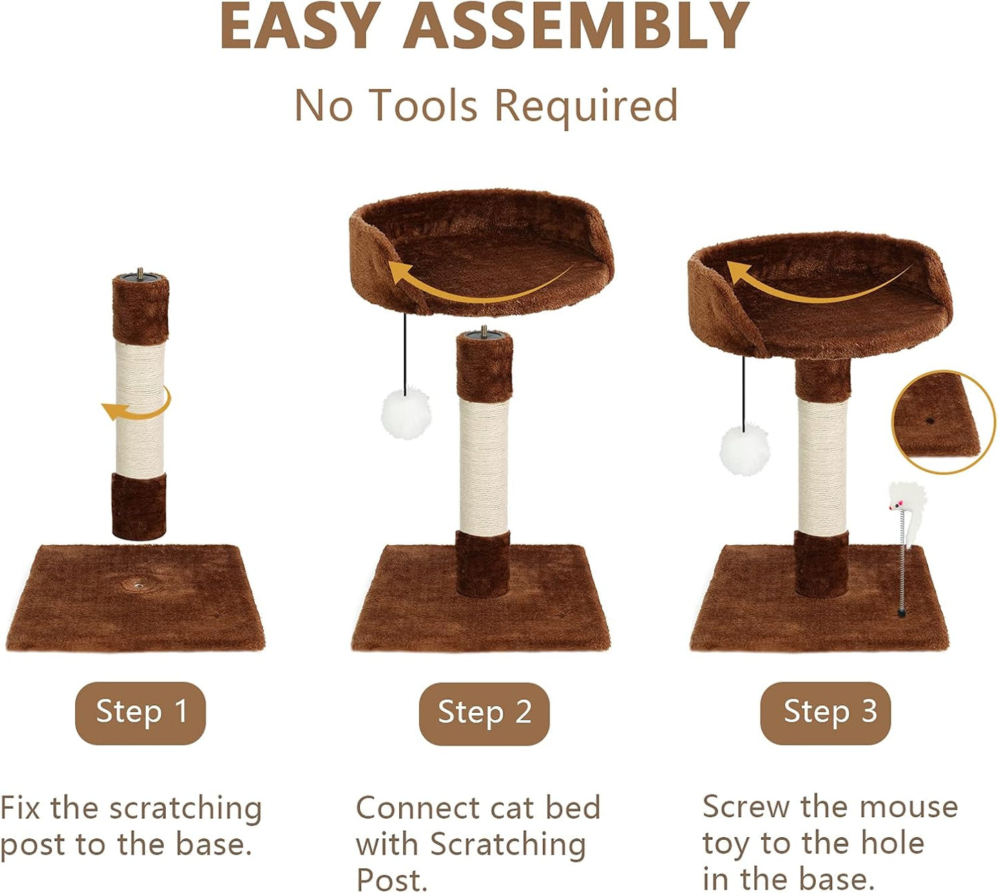 Cat Scratching Posts with Bed for Kittens, Cat Activity Tree, Cat Tower with Plush Platform Cozy Bed, Natural Sisal Scratcher Post, Hanging Balls and Spring Plush Mouse Toy (Brown)