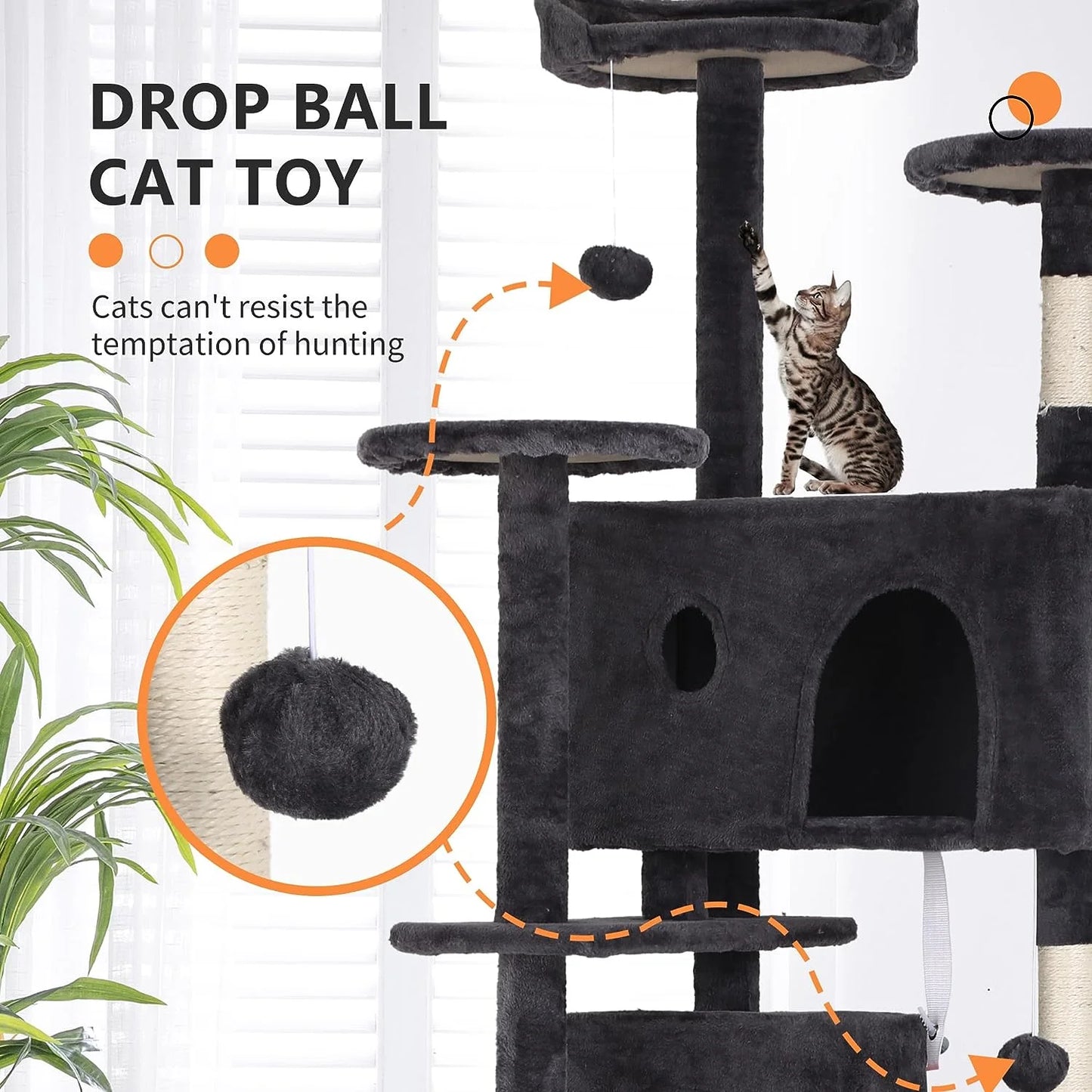 70In Cat Tree Tower, Dark Gray, W/Scratch Posts, House & Funny Toys