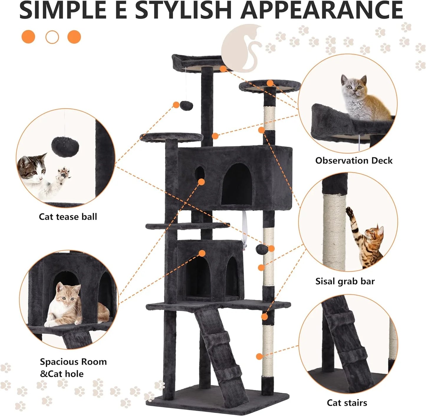 70In Cat Tree Tower, Dark Gray, W/Scratch Posts, House & Funny Toys