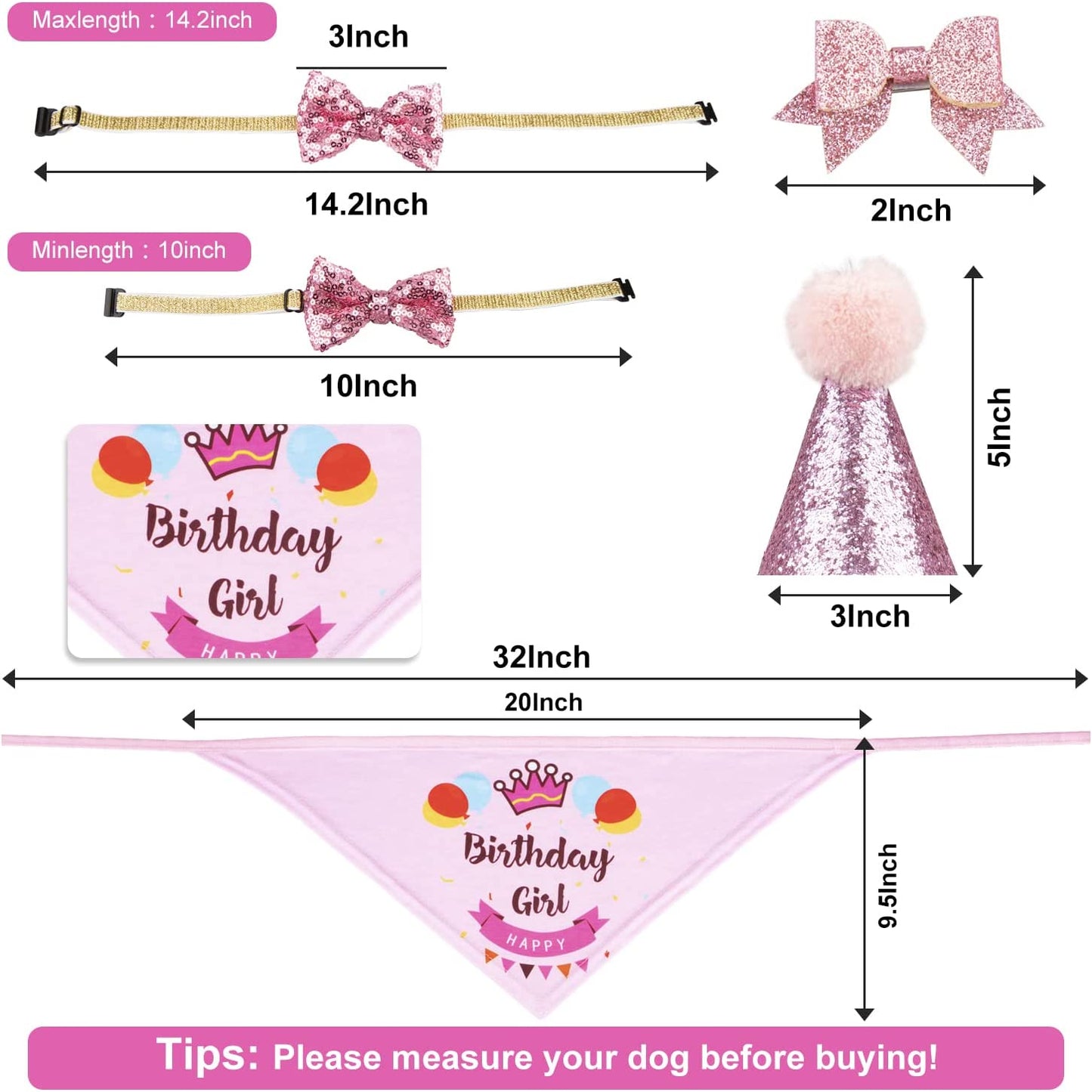 Dog Birthday Party Supplies Bandana Hat Banner Set Boy Girl Cute Bow Tie Scarf Birthday Decorations (Pink,Dog Girl)