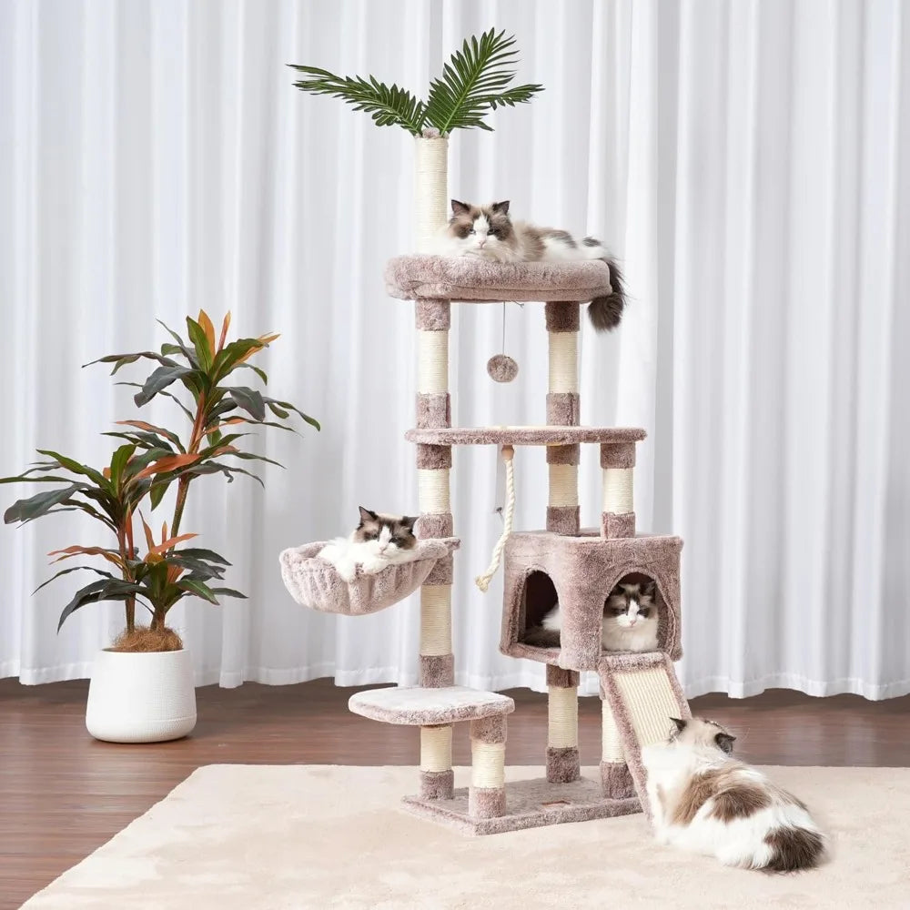 Heybly Cat Tree,Cat Tower for Indoor Cats, 65.4 Inches Cat Condo with Perches, Basket, Feeding Bowl Station, Multi-Level Plush
