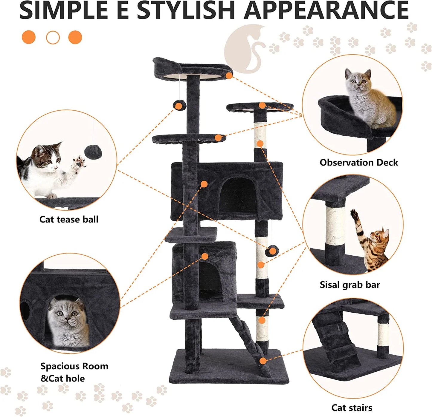 54In Cat Tree Tower, Scratch Posts, Condo, Toys, Dark Gray, Perfect for Active Cats