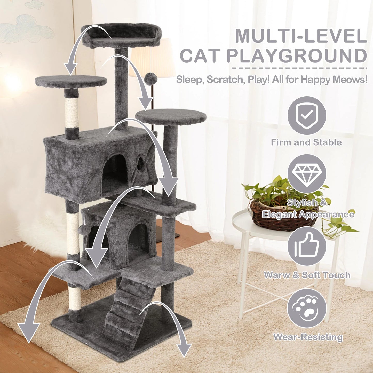 54In Tower, Multi-Level Cat Tower Furniture Activity Center with Platform Scratching Posts Stand House Condo and Toy, Cat Condos for Indoor Cats Kitten Activity Relaxing, Ashy