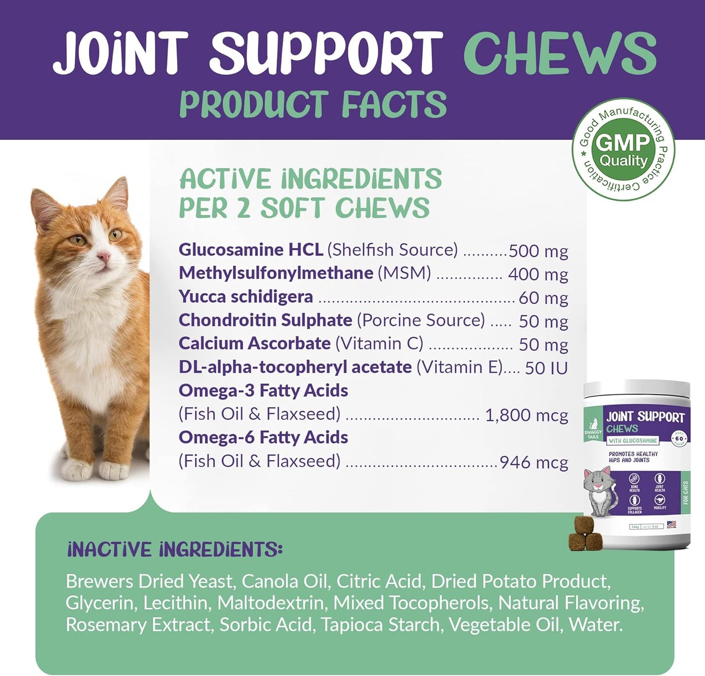 Glucosamine for Cats, Joint Inflammation Supplement, Cat Joint Chews - Joint Support for Cats with MSM, Chondroitin, Antioxidants - Premium Arthritis Pet Supplements (60 Chews)