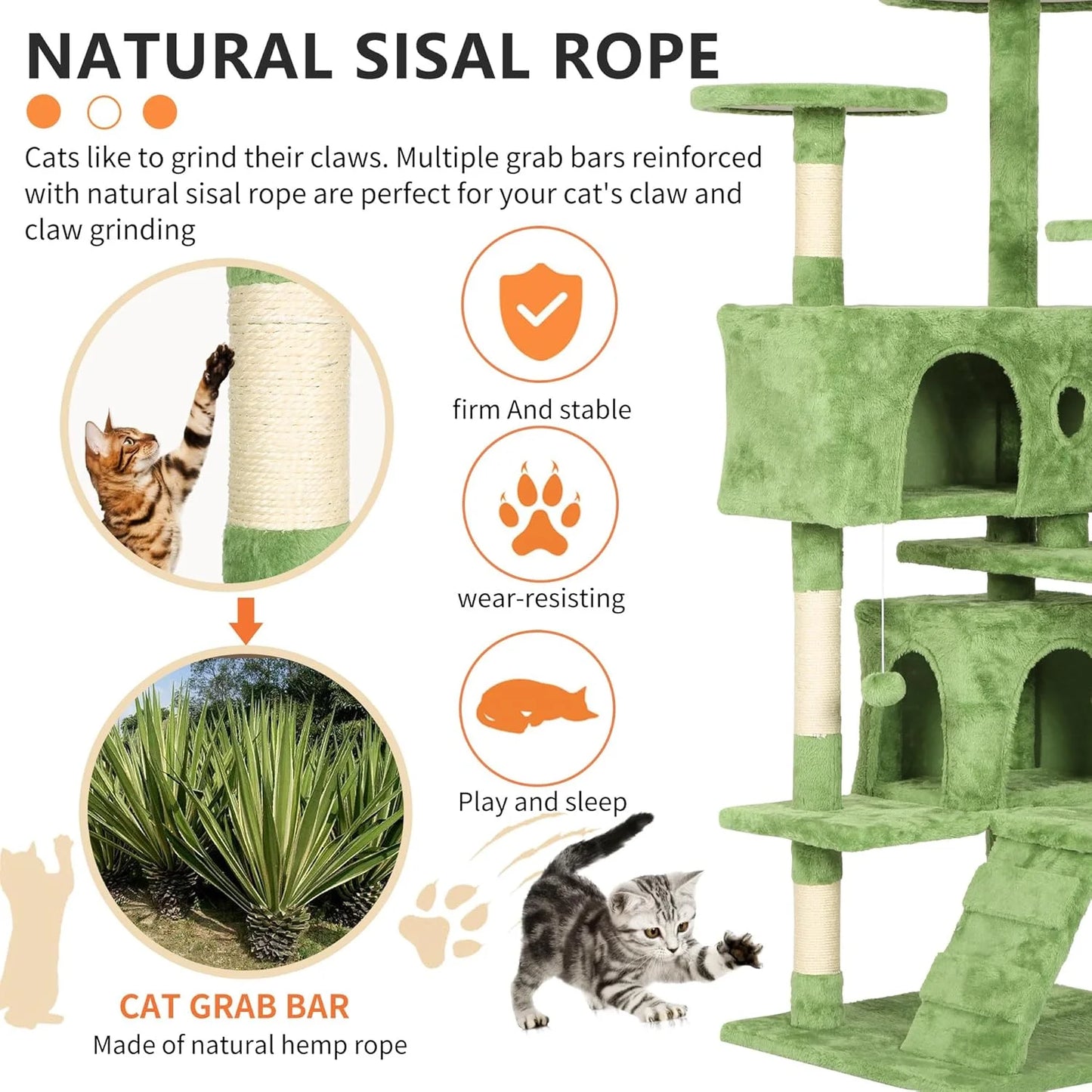 54 Inch Cat Tree Tower with Cat Scratching Posts and Funny Toys for Indoor Cats Play(Green)