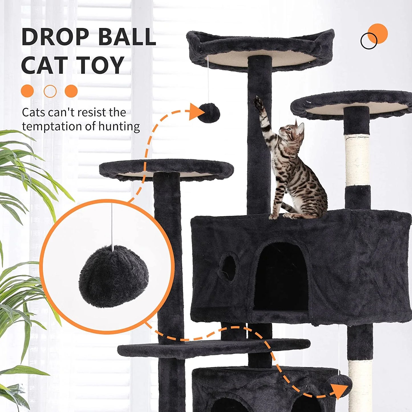 54In Cat Tree Tower, Scratch Posts, Condo, Toys, Dark Gray, Perfect for Active Cats