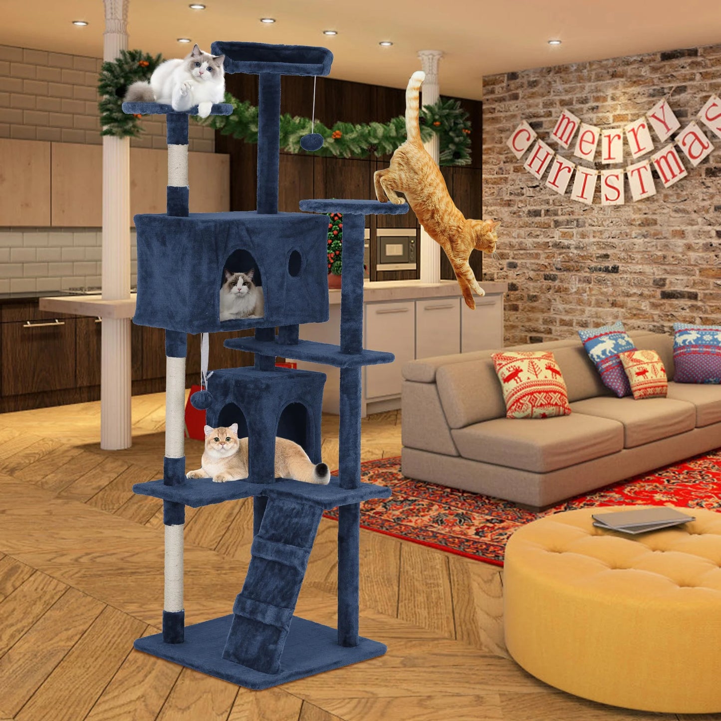54In Tower for Large Cats, Cat Climbing Tower Cat Scratching Tree with Cat Scratching Stand, Big House Funny Toys for Kittens Pet(Navy Blue)