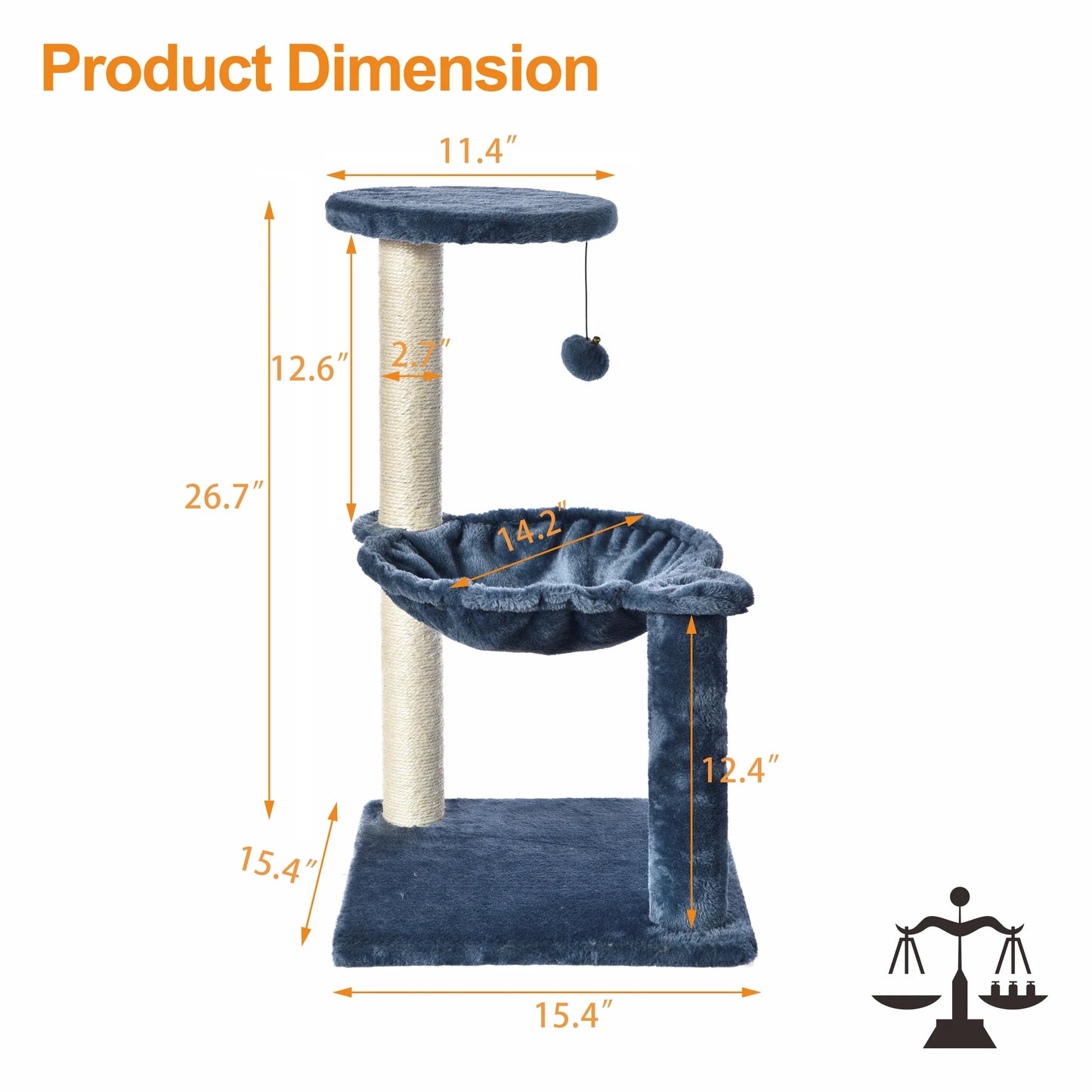 3-Level Cat Tower with Hammock and Sisal Post, 26.7 Inch, Blue