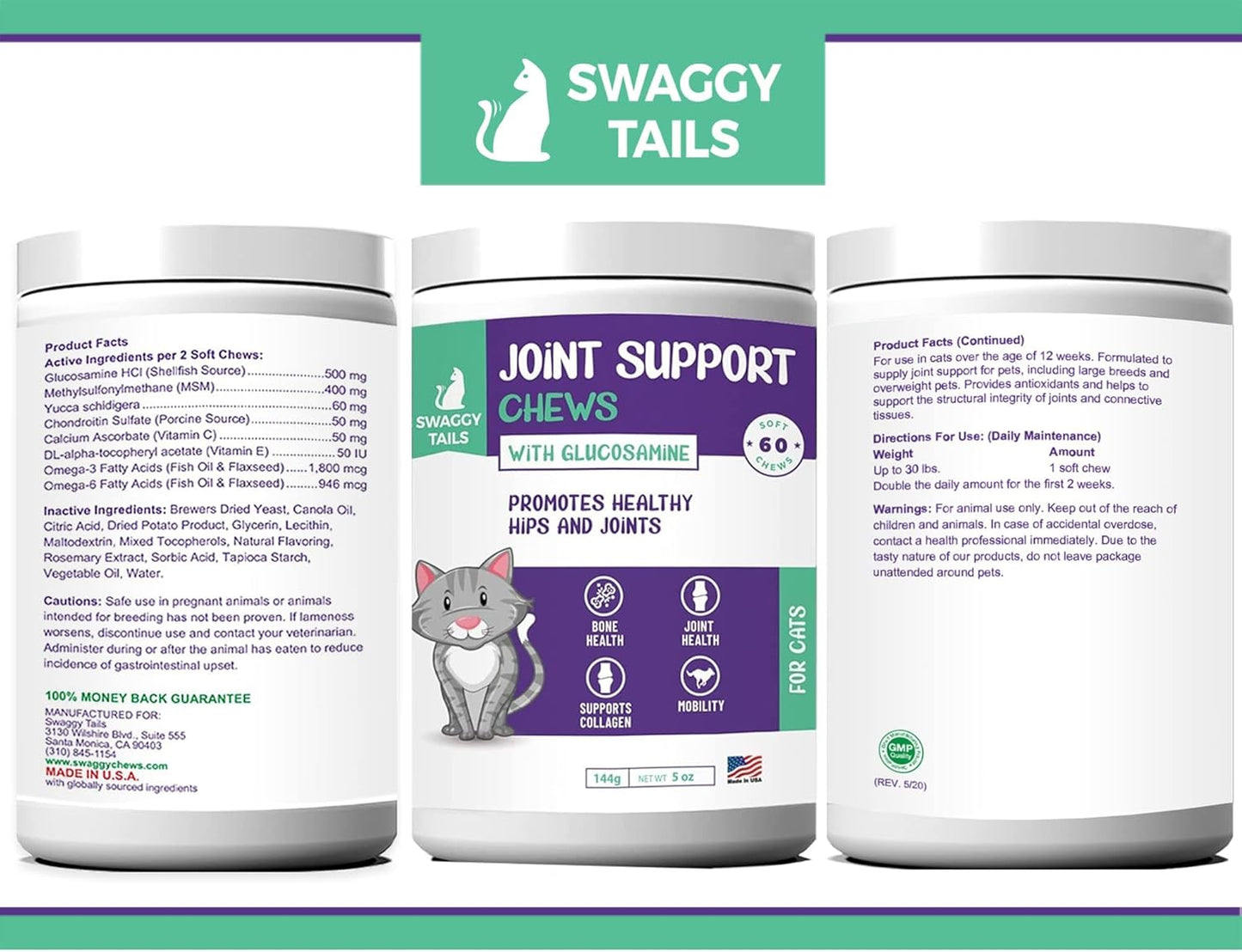 Glucosamine for Cats, Joint Inflammation Supplement, Cat Joint Chews - Joint Support for Cats with MSM, Chondroitin, Antioxidants - Premium Arthritis Pet Supplements (60 Chews)
