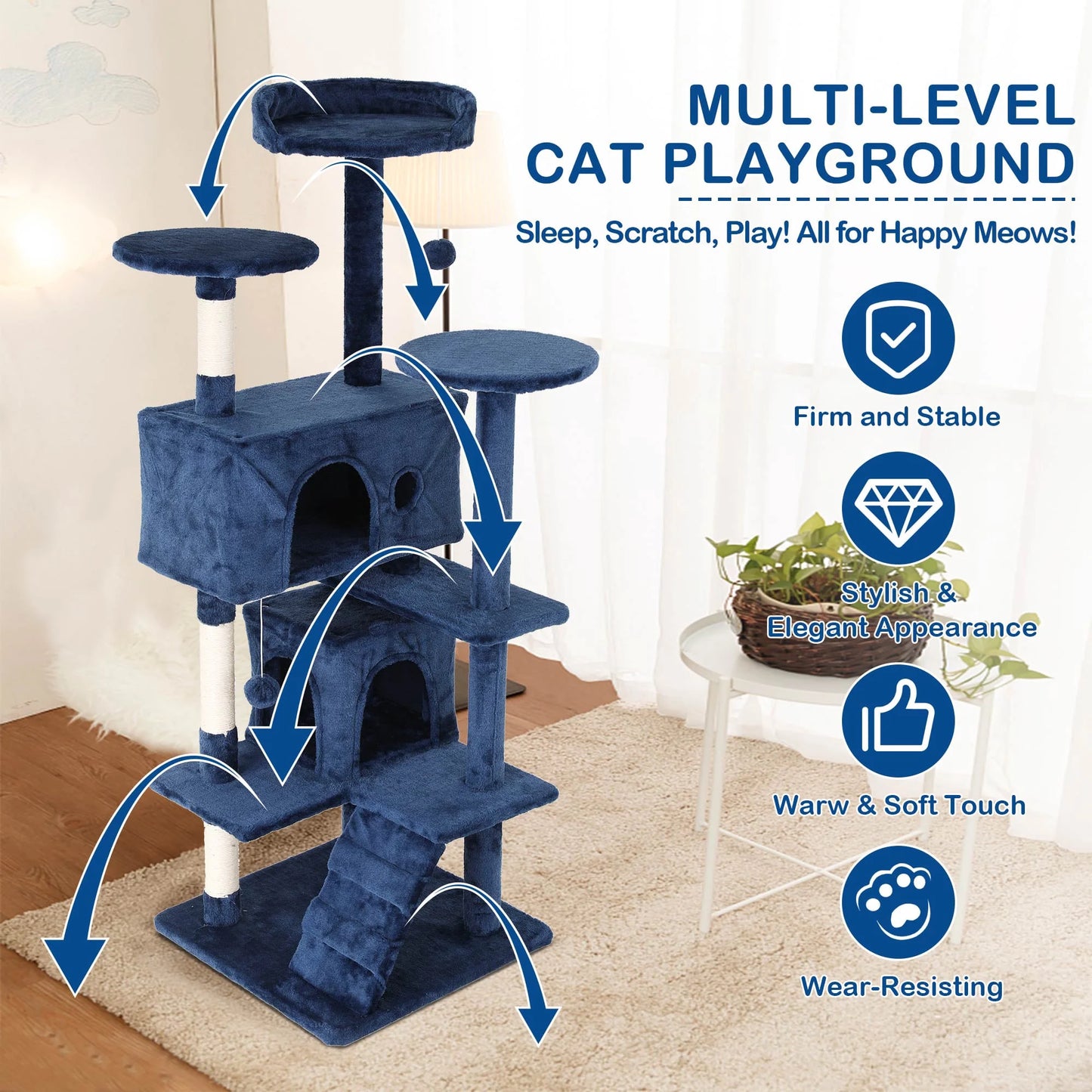 54In Tower for Large Cats, Cat Climbing Tower Cat Scratching Tree with Cat Scratching Stand, Big House Funny Toys for Kittens Pet(Navy Blue)