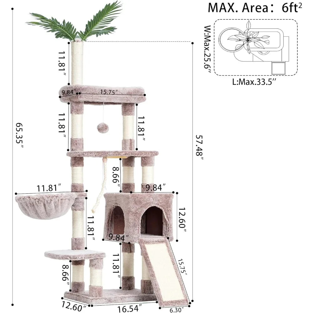 Heybly Cat Tree,Cat Tower for Indoor Cats, 65.4 Inches Cat Condo with Perches, Basket, Feeding Bowl Station, Multi-Level Plush
