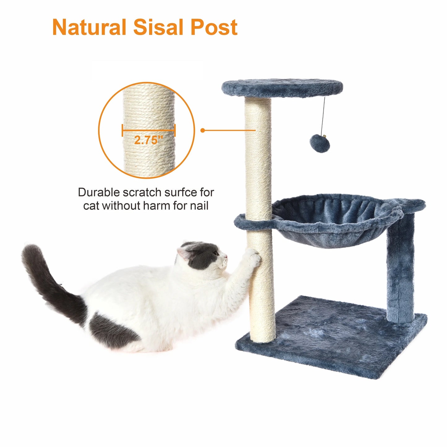 3-Level Cat Tower with Hammock and Sisal Post, 26.7 Inch, Blue