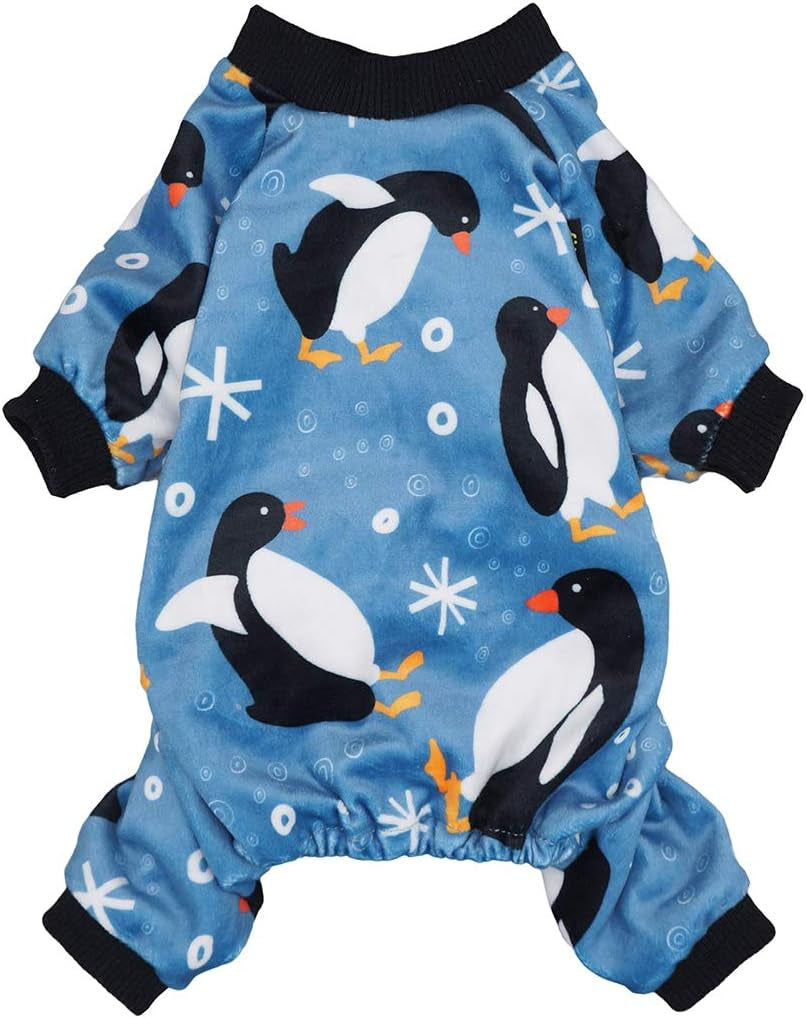Penguin Thermal Pet Dog Pajamas Onesie Jumpsuit Stretchy Doggie Puppy Clothes Outift Lightweight Velvet (L, Light Blue)