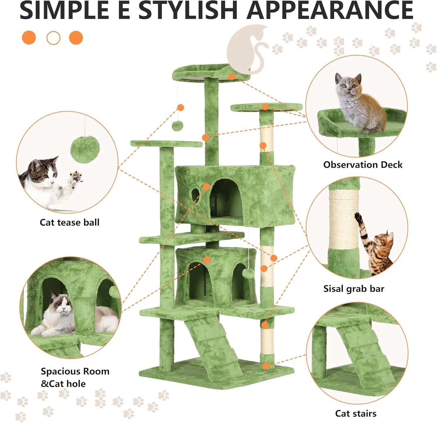 54 Inch Cat Tree Tower with Cat Scratching Posts and Funny Toys for Indoor Cats Play(Green)
