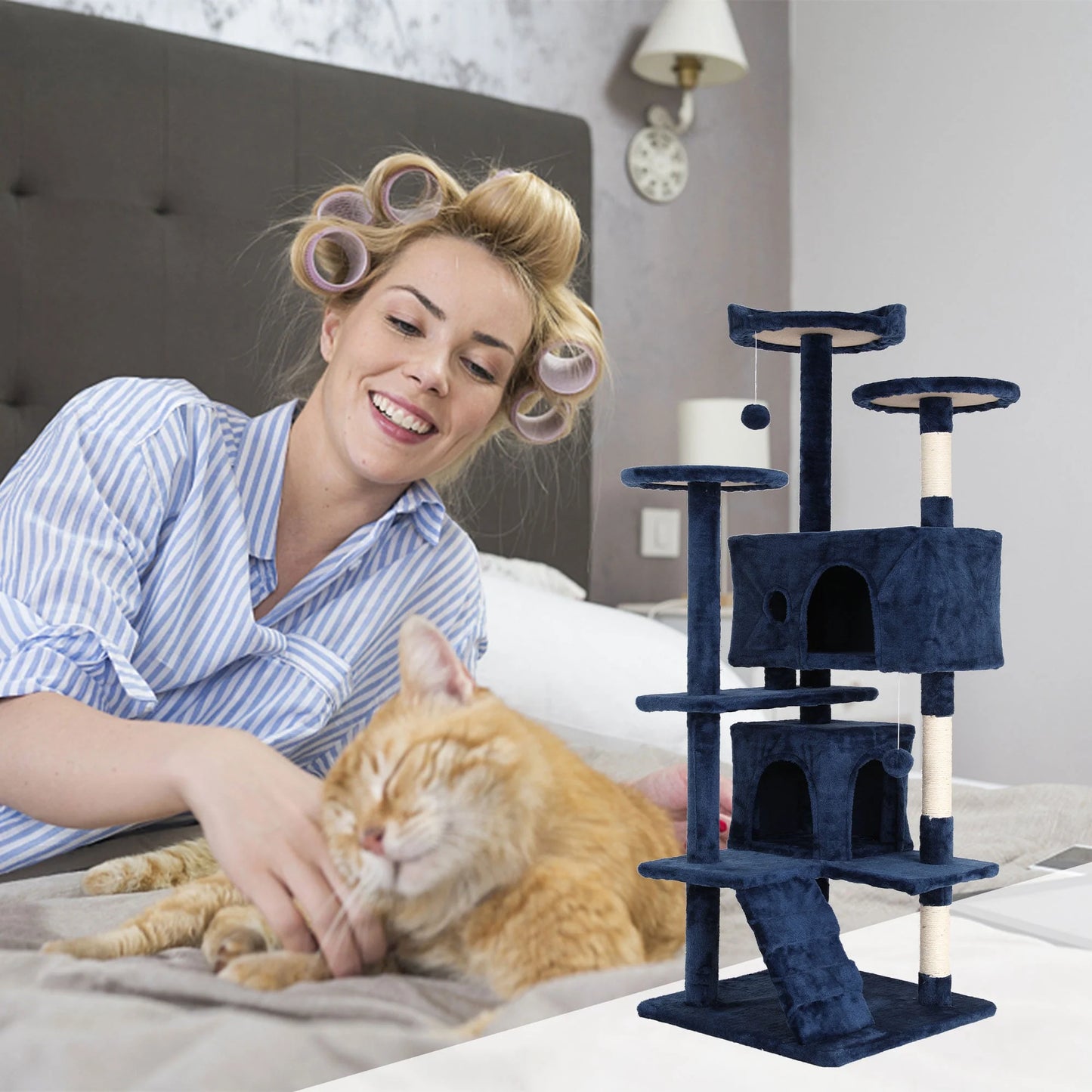 54In Tower for Large Cats, Cat Climbing Tower Cat Scratching Tree with Cat Scratching Stand, Big House Funny Toys for Kittens Pet(Navy Blue)