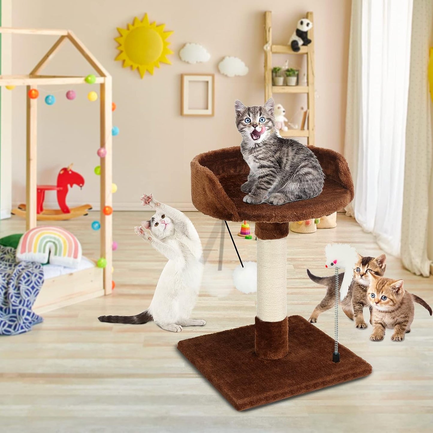 Cat Scratching Posts with Bed for Kittens, Cat Activity Tree, Cat Tower with Plush Platform Cozy Bed, Natural Sisal Scratcher Post, Hanging Balls and Spring Plush Mouse Toy (Brown)