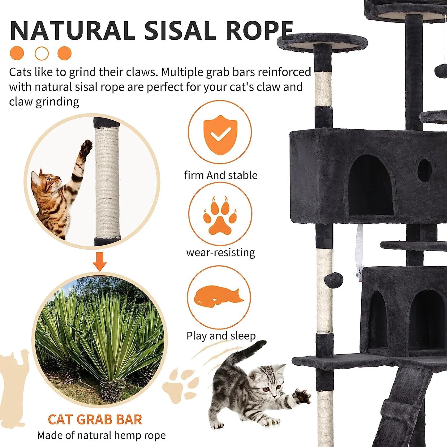 70In Cat Tree Tower, Dark Gray, W/Scratch Posts, House & Funny Toys