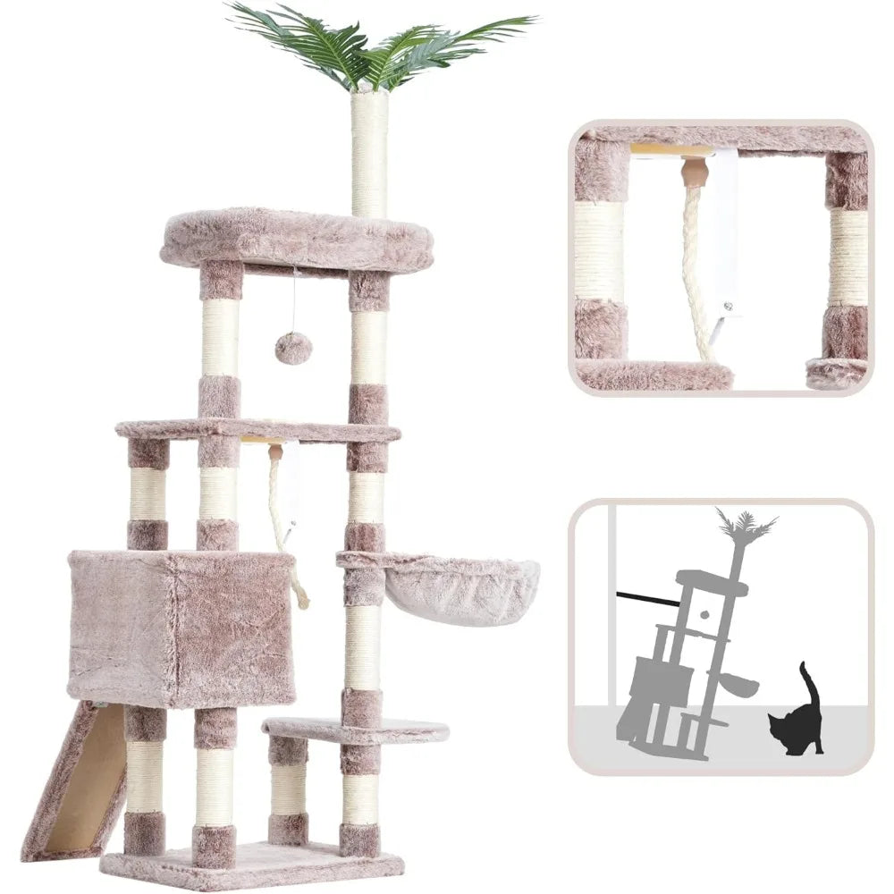Heybly Cat Tree,Cat Tower for Indoor Cats, 65.4 Inches Cat Condo with Perches, Basket, Feeding Bowl Station, Multi-Level Plush