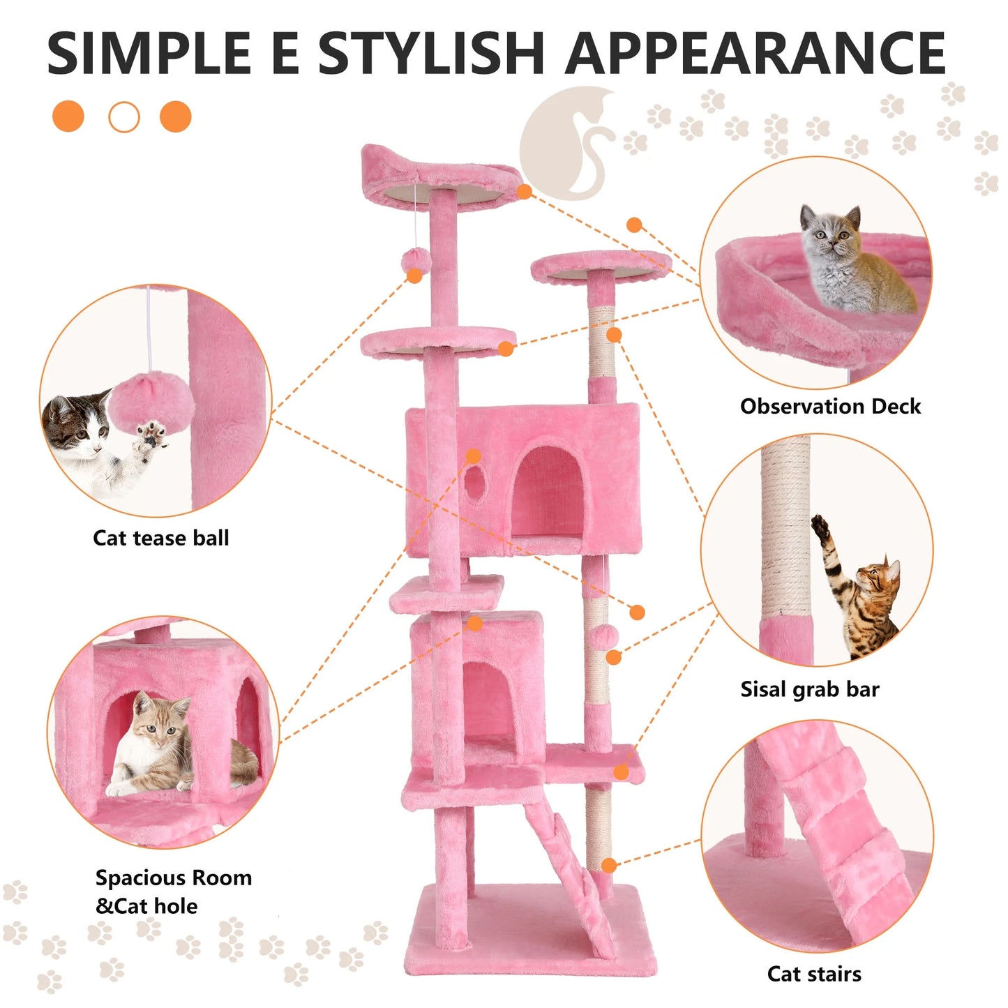 70In Kitten Activity House with Cat Scratching Posts Stand House Cat Condo with Funny Toys Pink