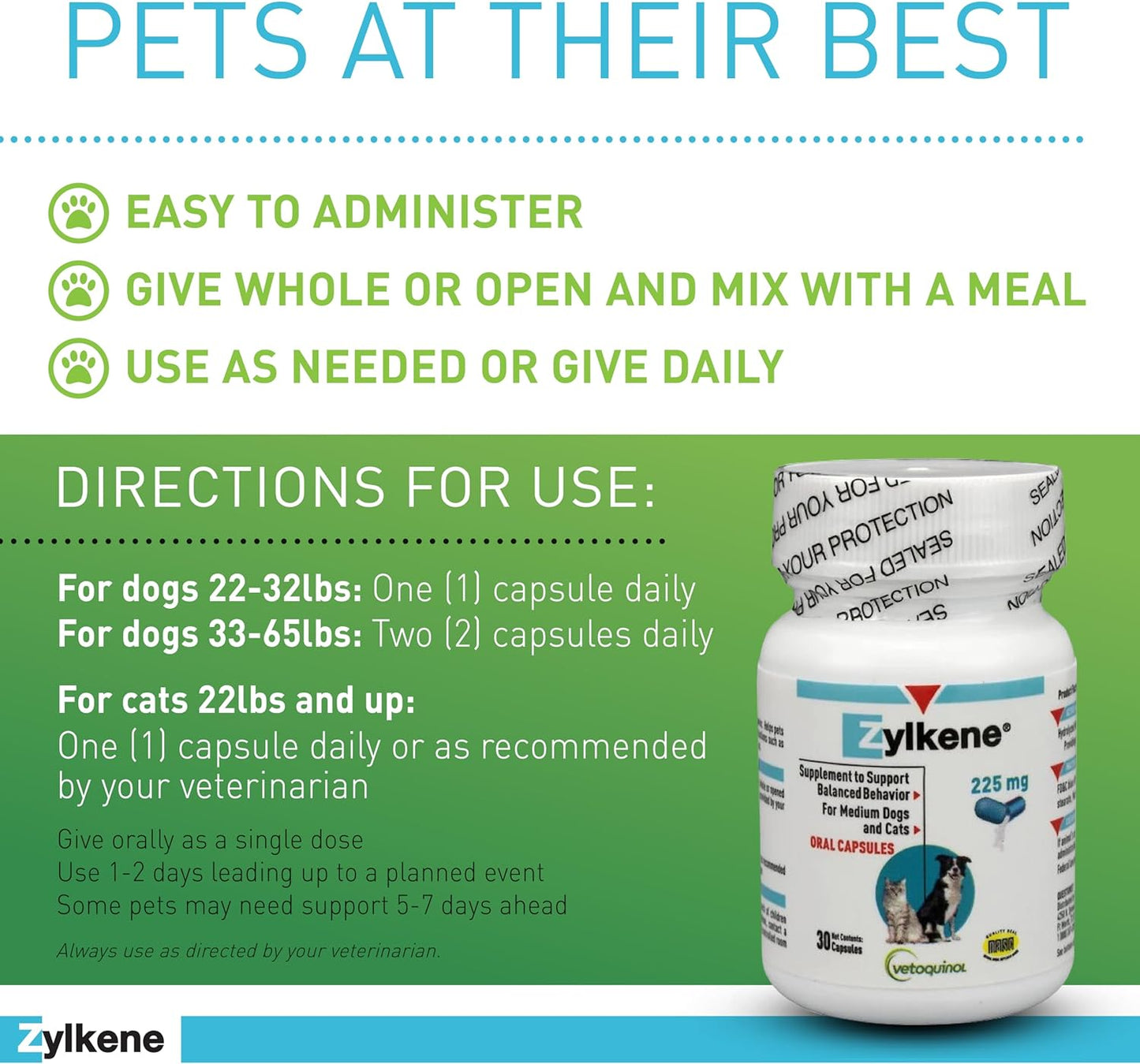 Zylkene Calming Support Supplement for Medium Dogs 33-65Lbs Helps Promote Relaxation and Reduce External Stress Factors, Daily Behavioral Support and Anxiety Relief for Dogs, 225Mg