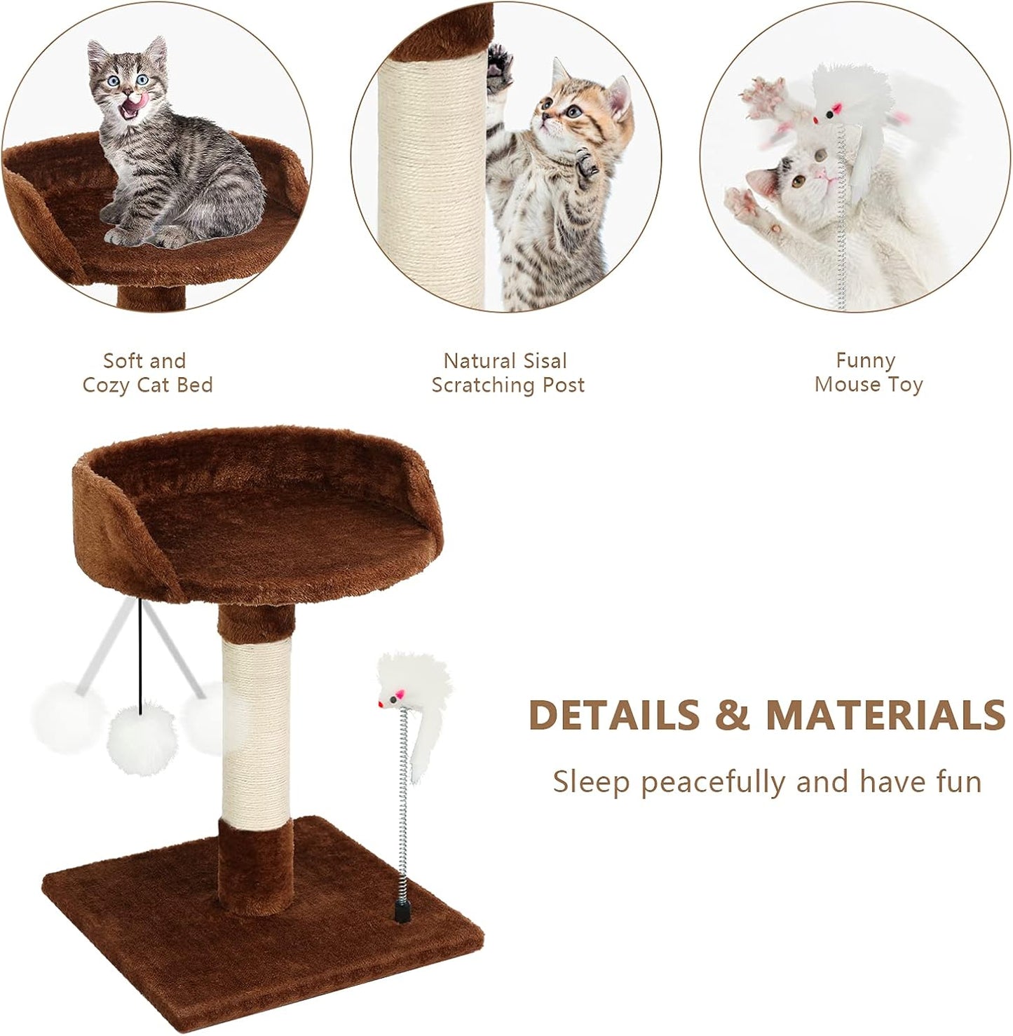 Cat Scratching Posts with Bed for Kittens, Cat Activity Tree, Cat Tower with Plush Platform Cozy Bed, Natural Sisal Scratcher Post, Hanging Balls and Spring Plush Mouse Toy (Brown)