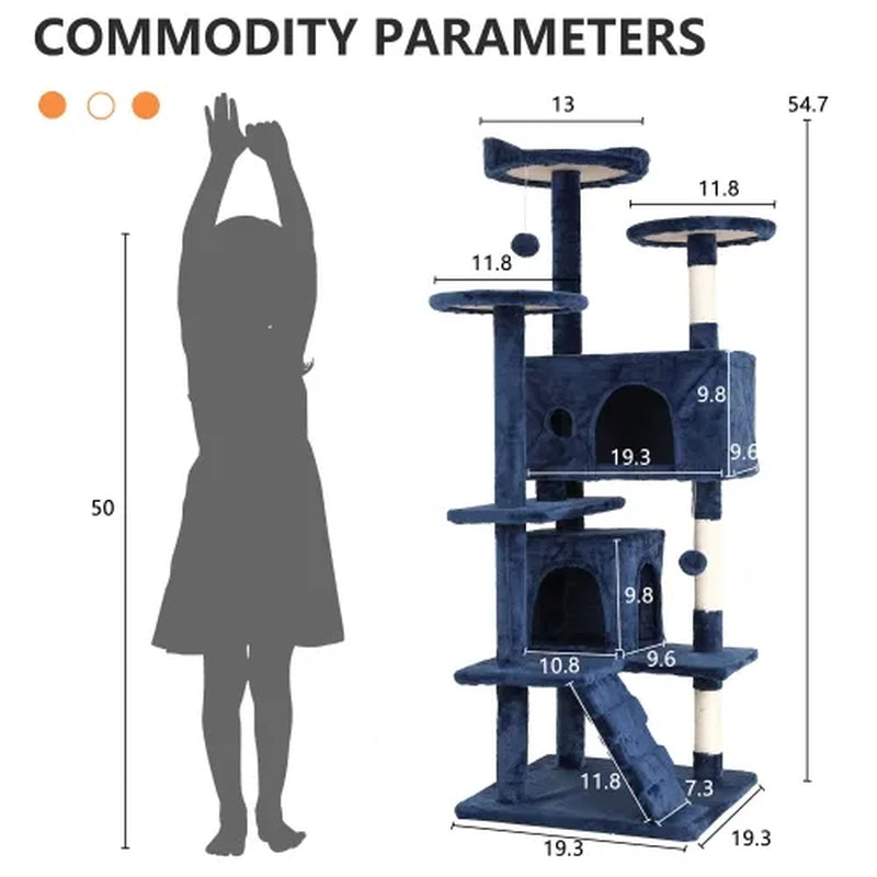 54In Tower for Large Cats, Cat Climbing Tower Cat Scratching Tree with Cat Scratching Stand, Big House Funny Toys for Kittens Pet(Navy Blue)