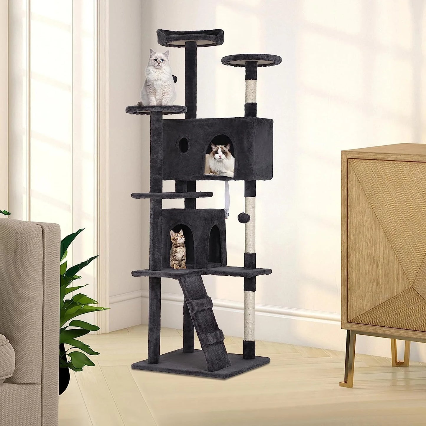 70In Cat Tree Tower, Dark Gray, W/Scratch Posts, House & Funny Toys