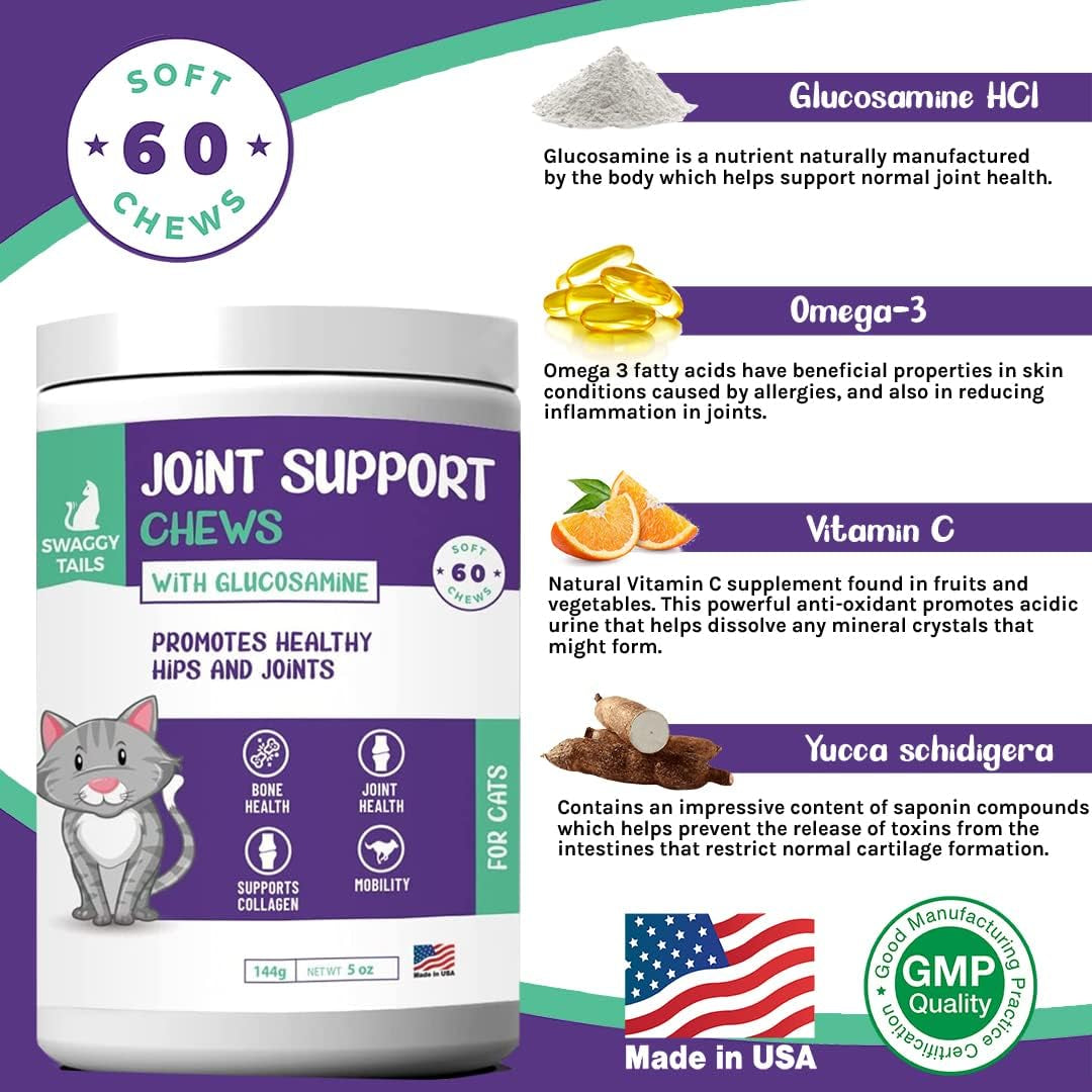 Glucosamine for Cats, Joint Inflammation Supplement, Cat Joint Chews - Joint Support for Cats with MSM, Chondroitin, Antioxidants - Premium Arthritis Pet Supplements (60 Chews)