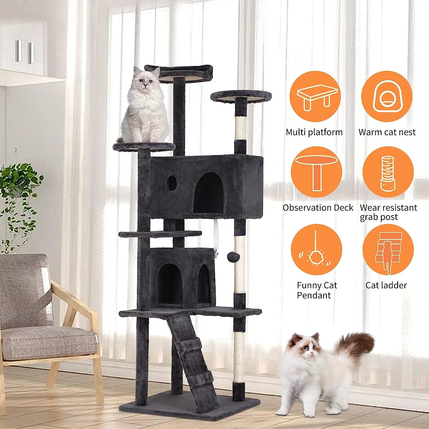 70In Cat Tree Tower, Dark Gray, W/Scratch Posts, House & Funny Toys