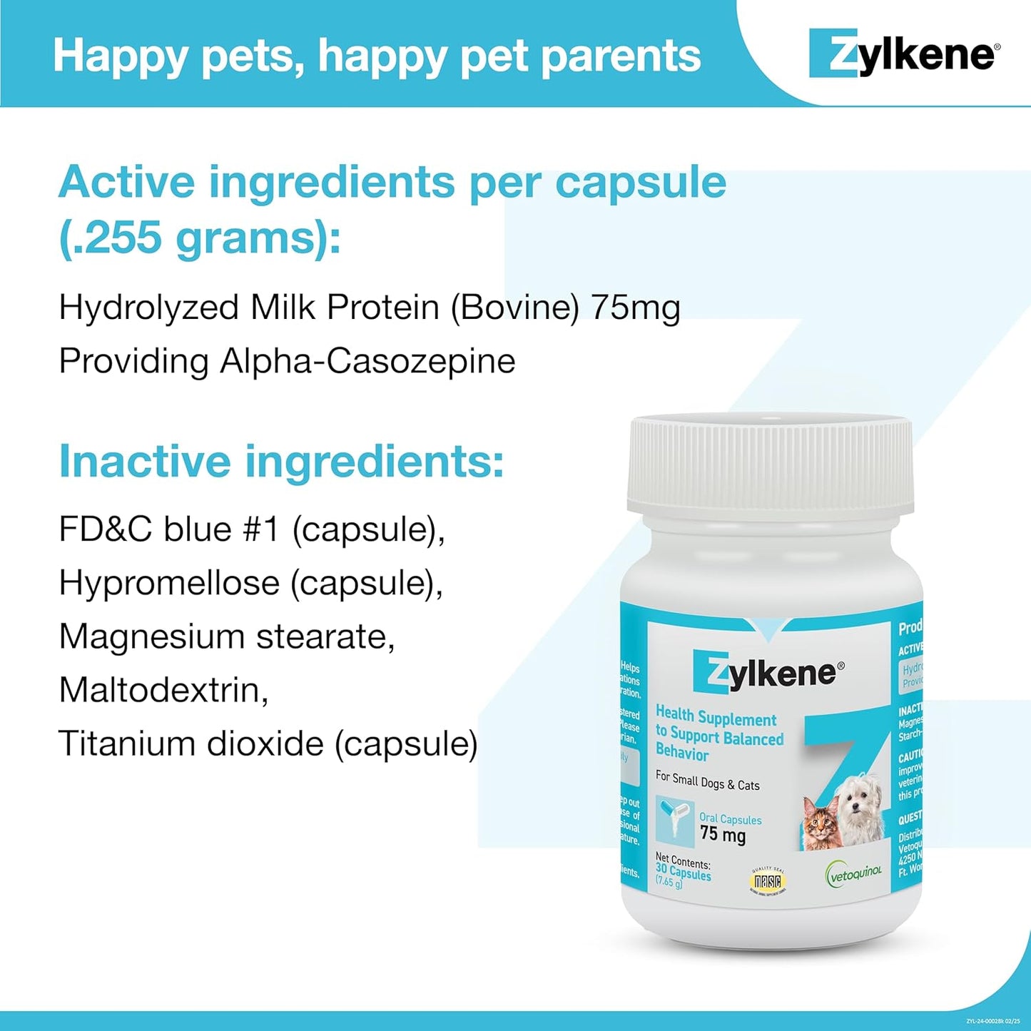 Zylkene Calming Support Supplement for Small Dogs and Cats, Helps Promote Relaxation and Reduce External Stress Factors, Daily Behavioral Support and Anxiety Relief for Dogs and Cats, 75Mg