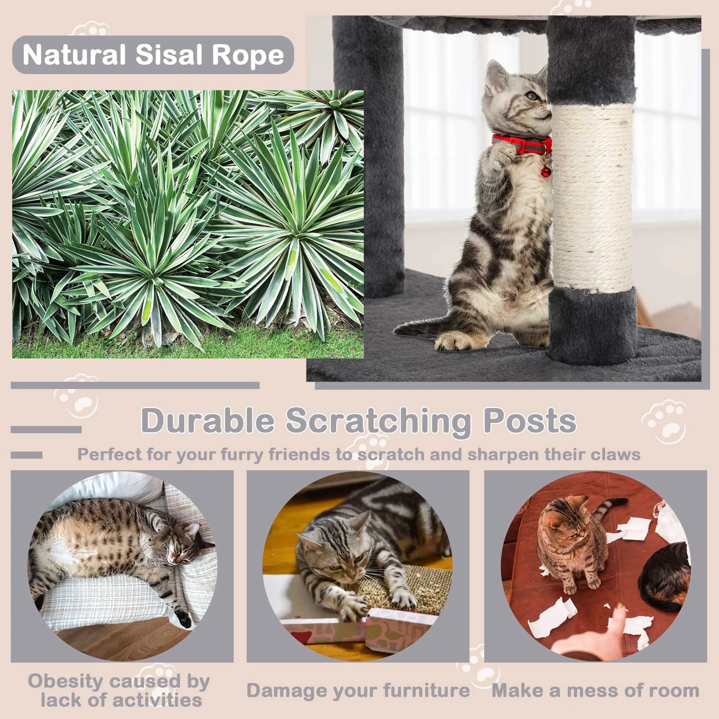 54In Tower, Multi-Level Cat Tower Furniture Activity Center with Platform Scratching Posts Stand House Condo and Toy, Cat Condos for Indoor Cats Kitten Activity Relaxing, Ashy