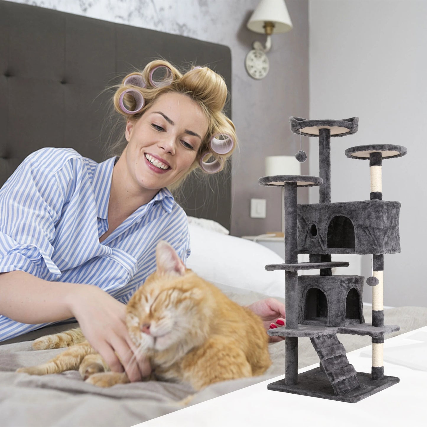 54In Tower, Multi-Level Cat Tower Furniture Activity Center with Platform Scratching Posts Stand House Condo and Toy, Cat Condos for Indoor Cats Kitten Activity Relaxing, Ashy