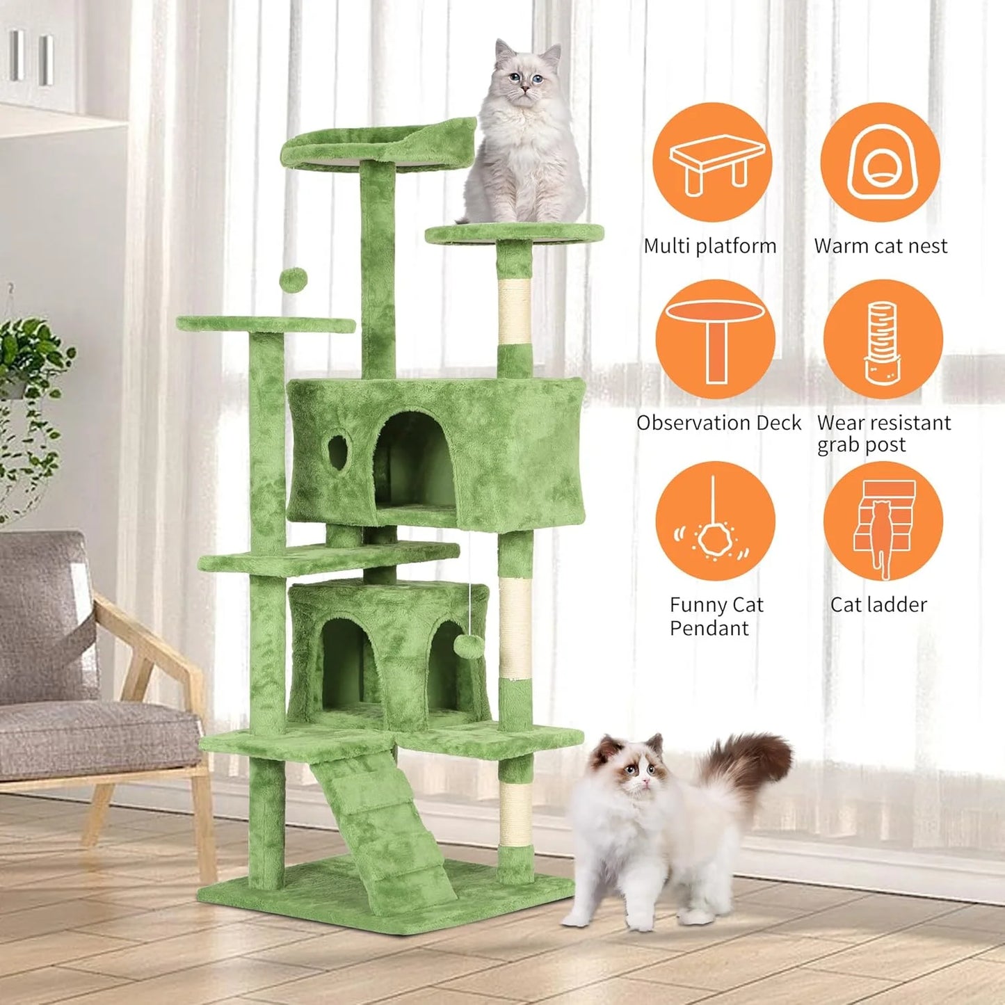 54 Inch Cat Tree Tower with Cat Scratching Posts and Funny Toys for Indoor Cats Play(Green)