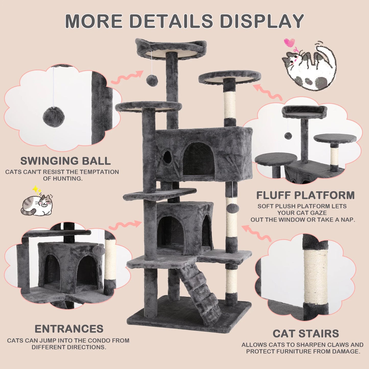 54In Tower, Multi-Level Cat Tower Furniture Activity Center with Platform Scratching Posts Stand House Condo and Toy, Cat Condos for Indoor Cats Kitten Activity Relaxing, Ashy