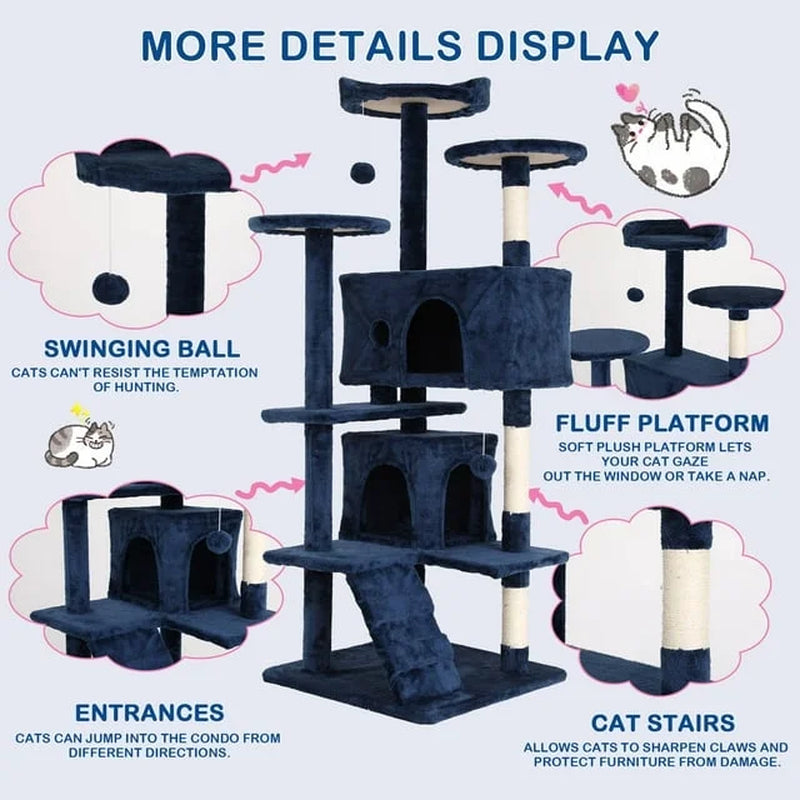 54In Tower for Large Cats, Cat Climbing Tower Cat Scratching Tree with Cat Scratching Stand, Big House Funny Toys for Kittens Pet(Navy Blue)