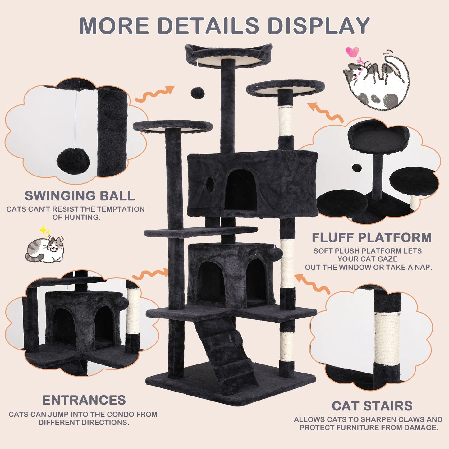 54In Tower, Multi-Level Cat Tower Furniture Activity Center with Platform Scratching Posts Stand House Condo and Toy, Cat Condos for Indoor Cats Kitten Activity Relaxing, Dark Gray