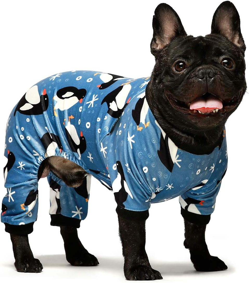 Penguin Thermal Pet Dog Pajamas Onesie Jumpsuit Stretchy Doggie Puppy Clothes Outift Lightweight Velvet (L, Light Blue)